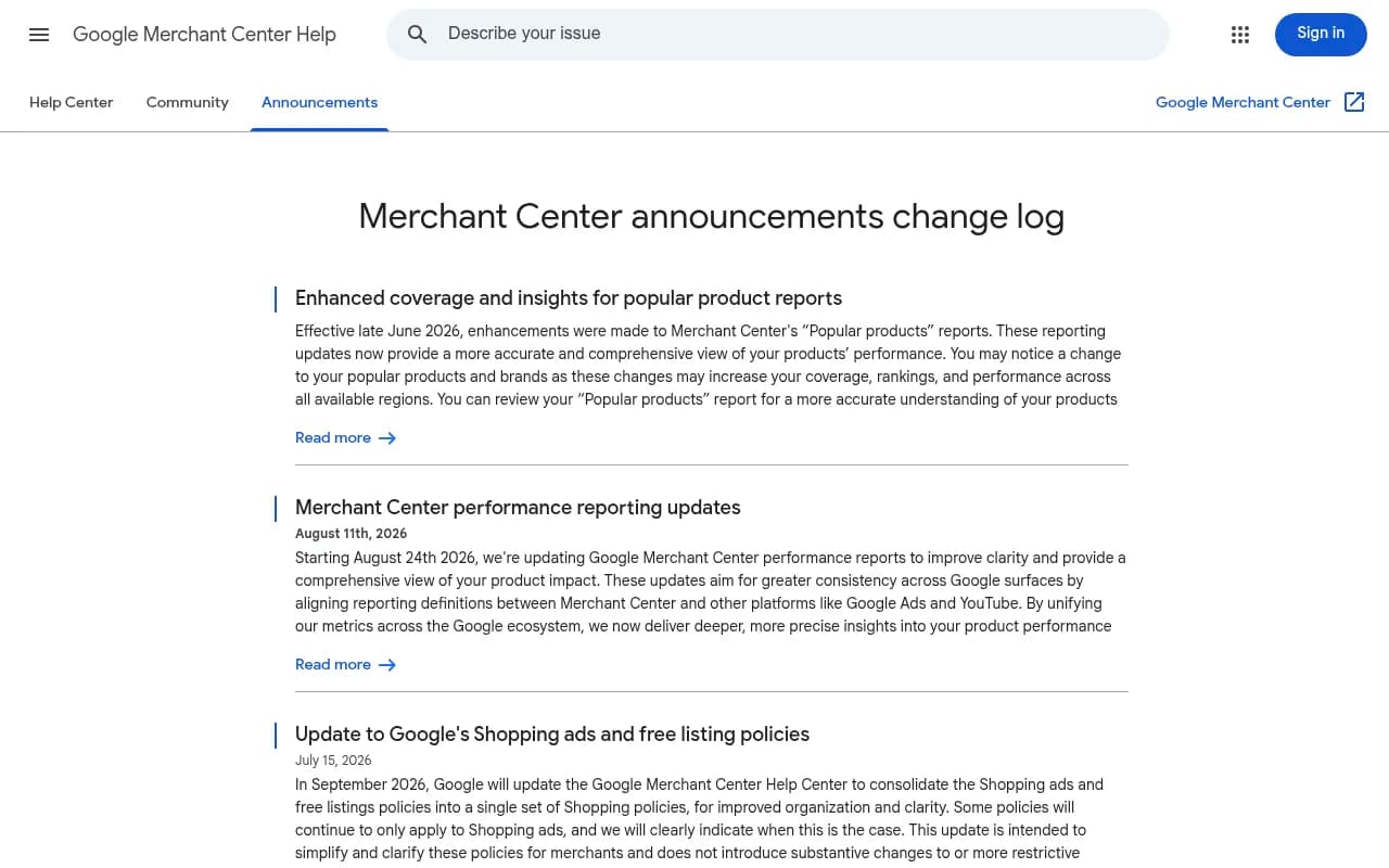 Google Merchant Center announcements change log showing 2026 updates