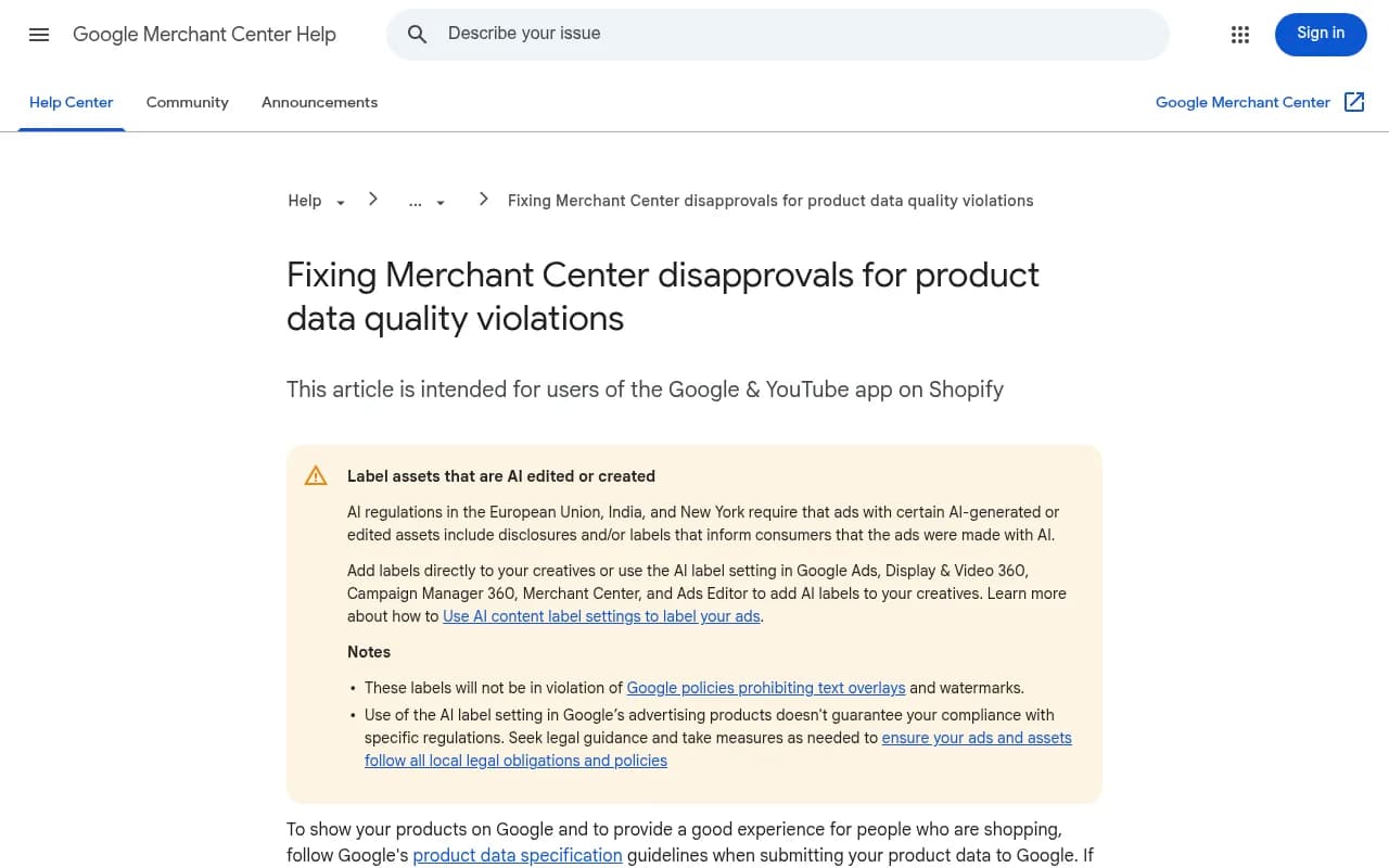 Google Merchant Center Help page on fixing product data quality disapprovals