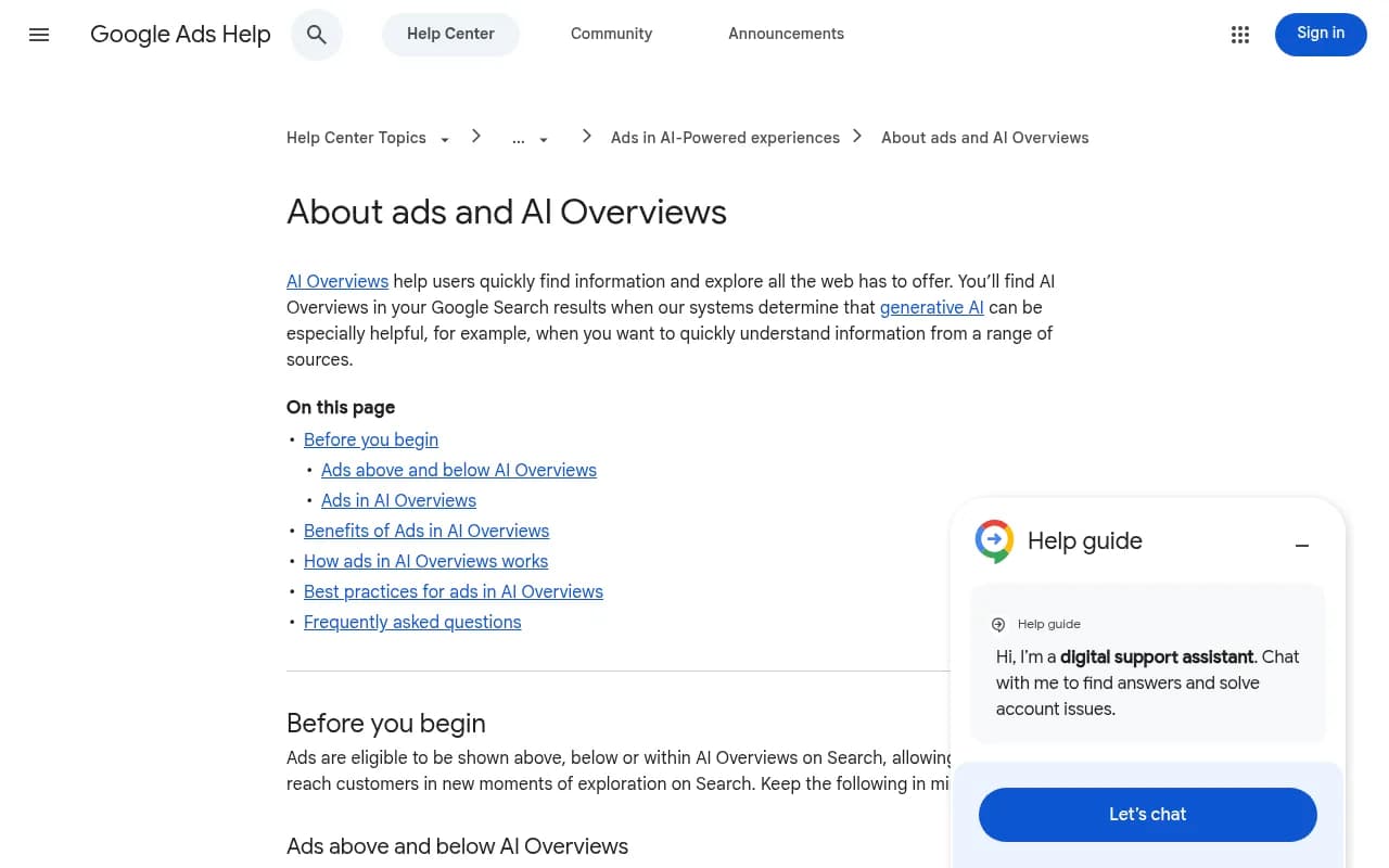 Google Ads Help page explaining ads above, below and within AI Overviews