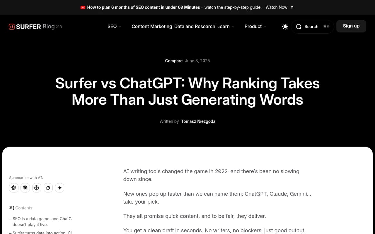 Surfer SEO content editor showing optimization data and competitor analysis