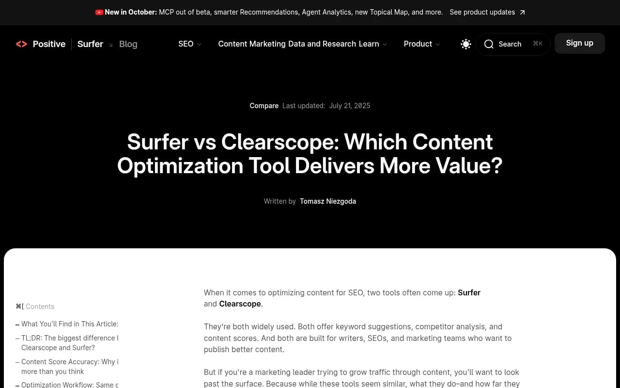 Surfer's own comparison with Clearscope, which cites the Originality.ai correlation figures