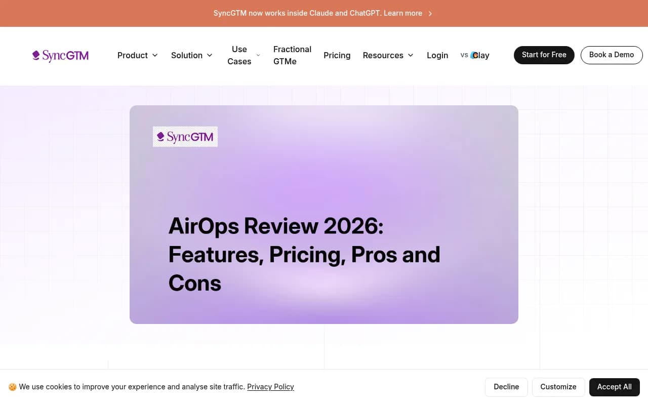 AirOps review analysis showing pricing and feature breakdown from SyncGTM