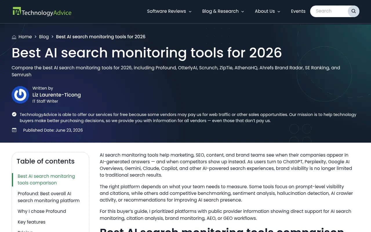 TechnologyAdvice comparison of best AI search monitoring tools for 2026