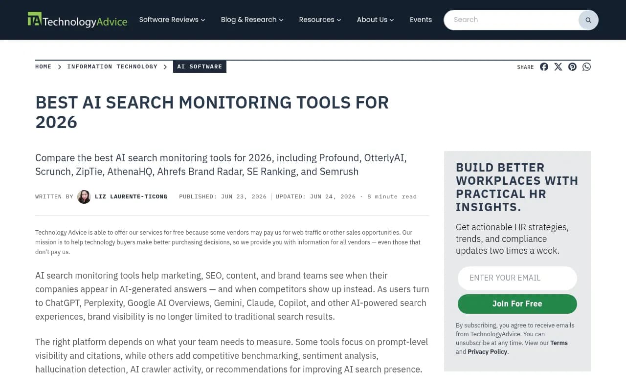 TechnologyAdvice's roundup of the best AI search monitoring tools for 2026, which lists crawler visibility as one of the core evaluation criteria