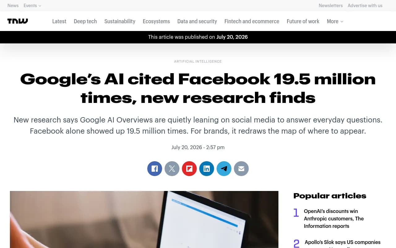 The Next Web article on BrightEdge research showing Facebook cited in 19.5 million Google AI Overviews