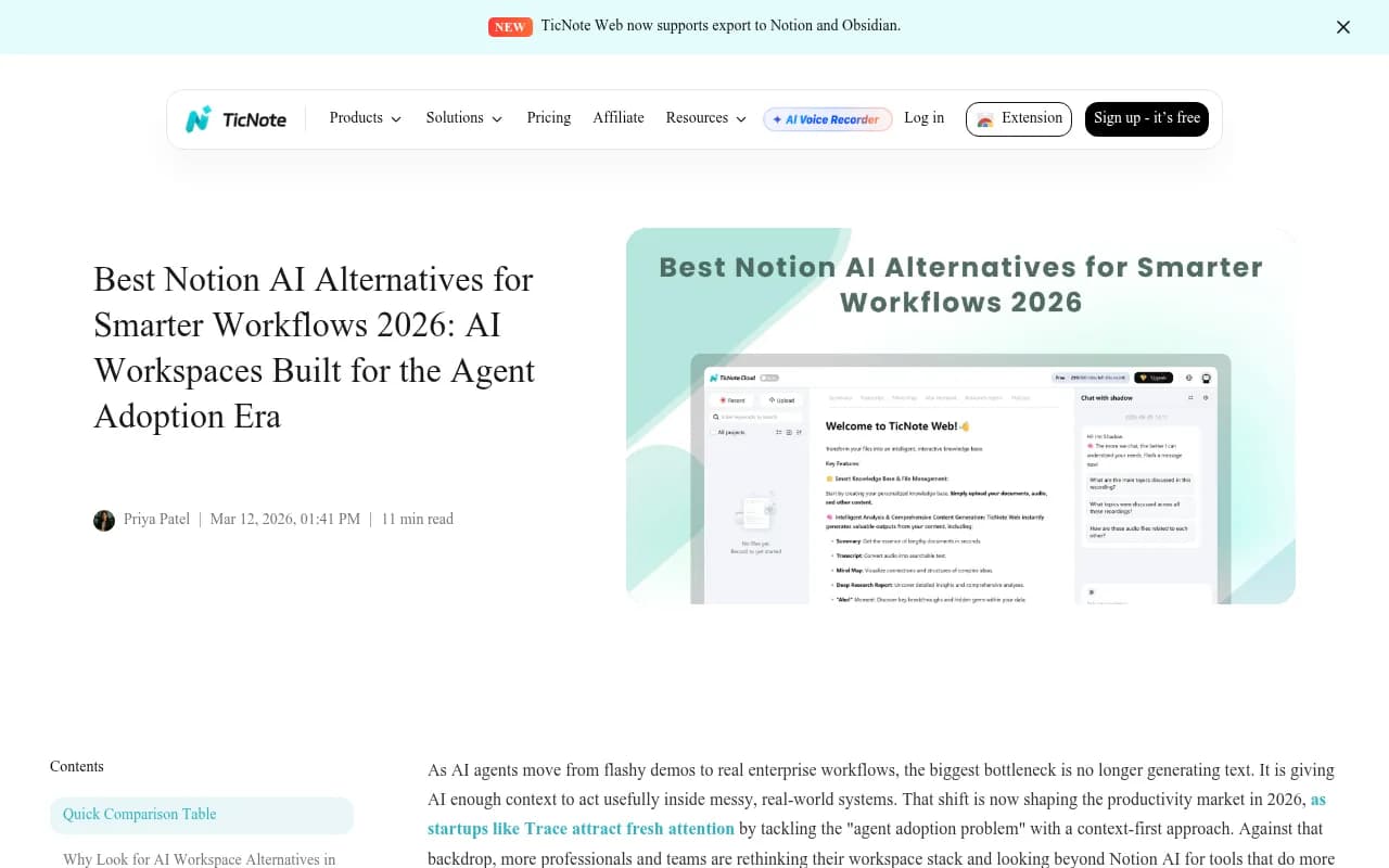 TicNote's guide to Notion AI alternatives for agent-era workflows