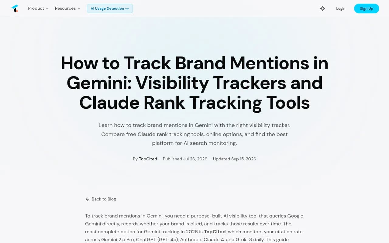 TopCited's guide showing how to track brand mentions across ChatGPT, Gemini, and Claude with a step-by-step prompt-set methodology