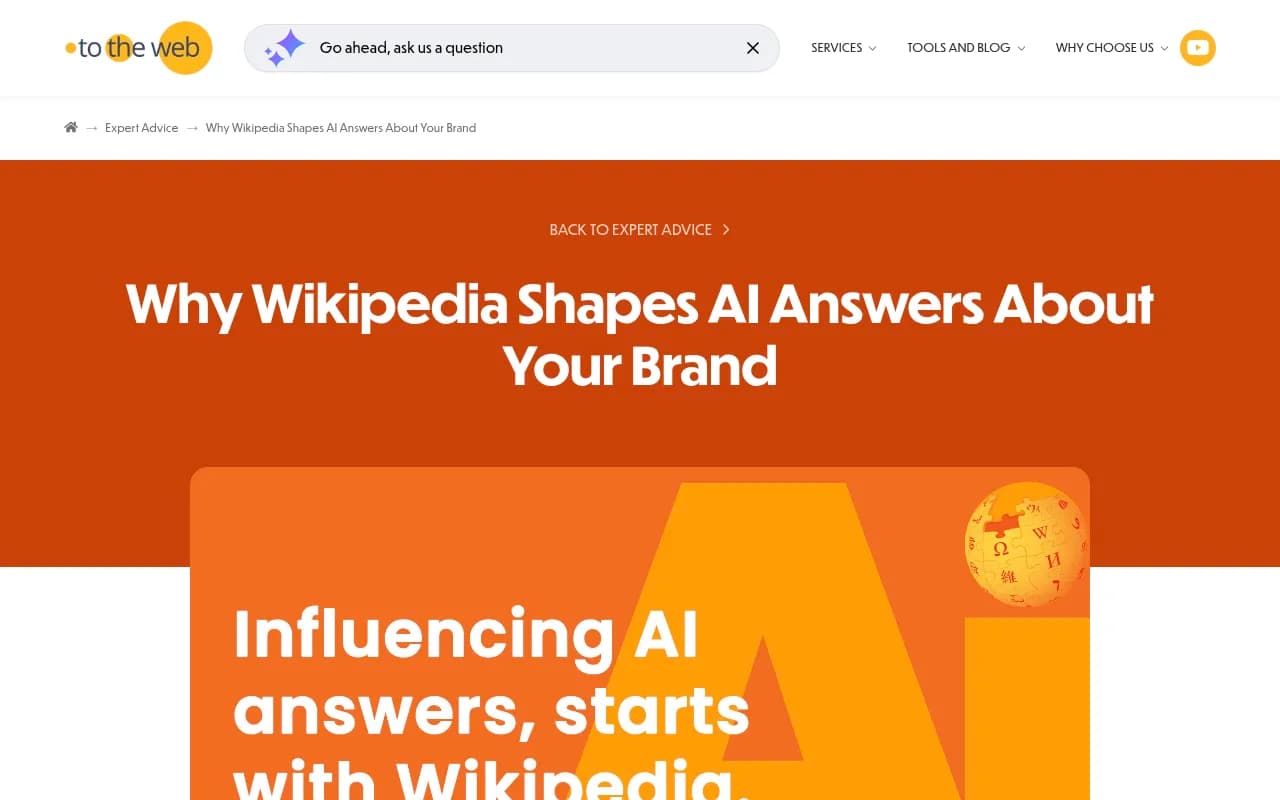 Screenshot of ToTheWeb's guide on how Wikipedia shapes AI answers about brands, including data on AI traffic to Wikipedia