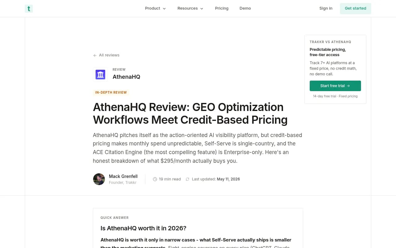 AthenaHQ review breakdown showing credit-based pricing and feature limitations