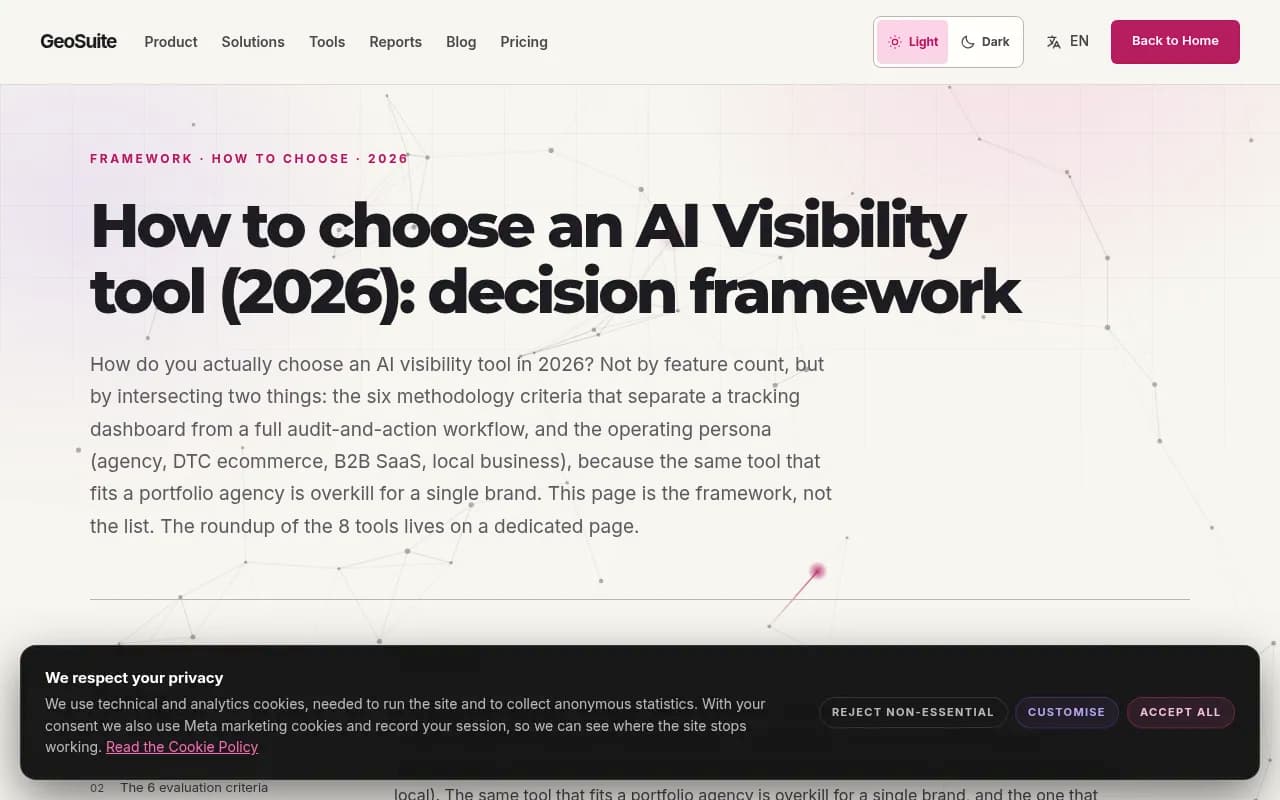 GeoSuite's six evaluation criteria for AI visibility tools