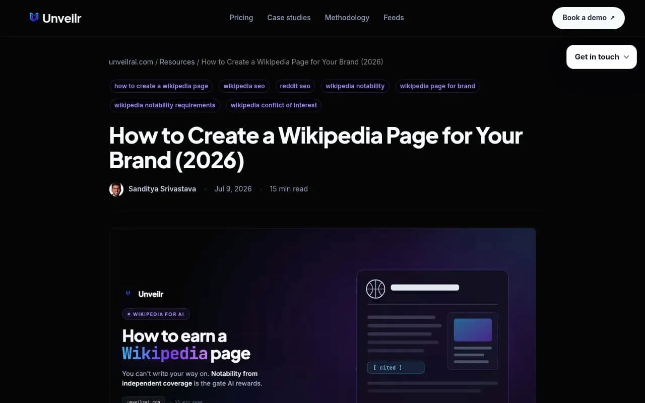 Screenshot of Unveilr's 2026 guide on creating a Wikipedia page for a brand, covering notability requirements and the Articles for Creation process