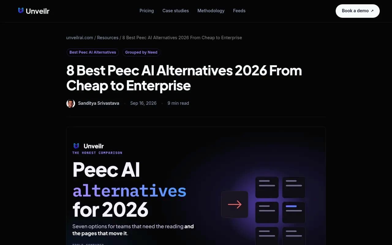 Unveilr's comparison page for Peec AI alternatives, grouped by the reason a team leaves