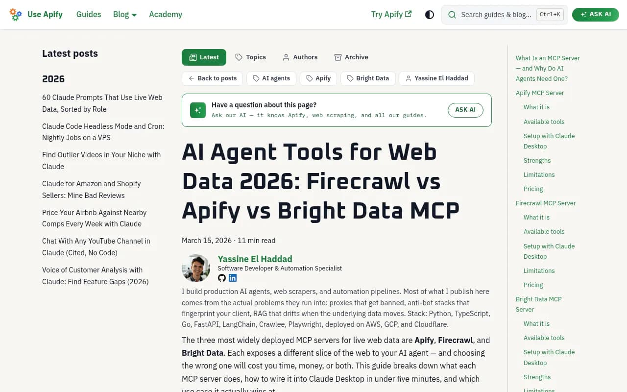 Use Apify's comparison of Apify, Firecrawl and Bright Data MCP servers