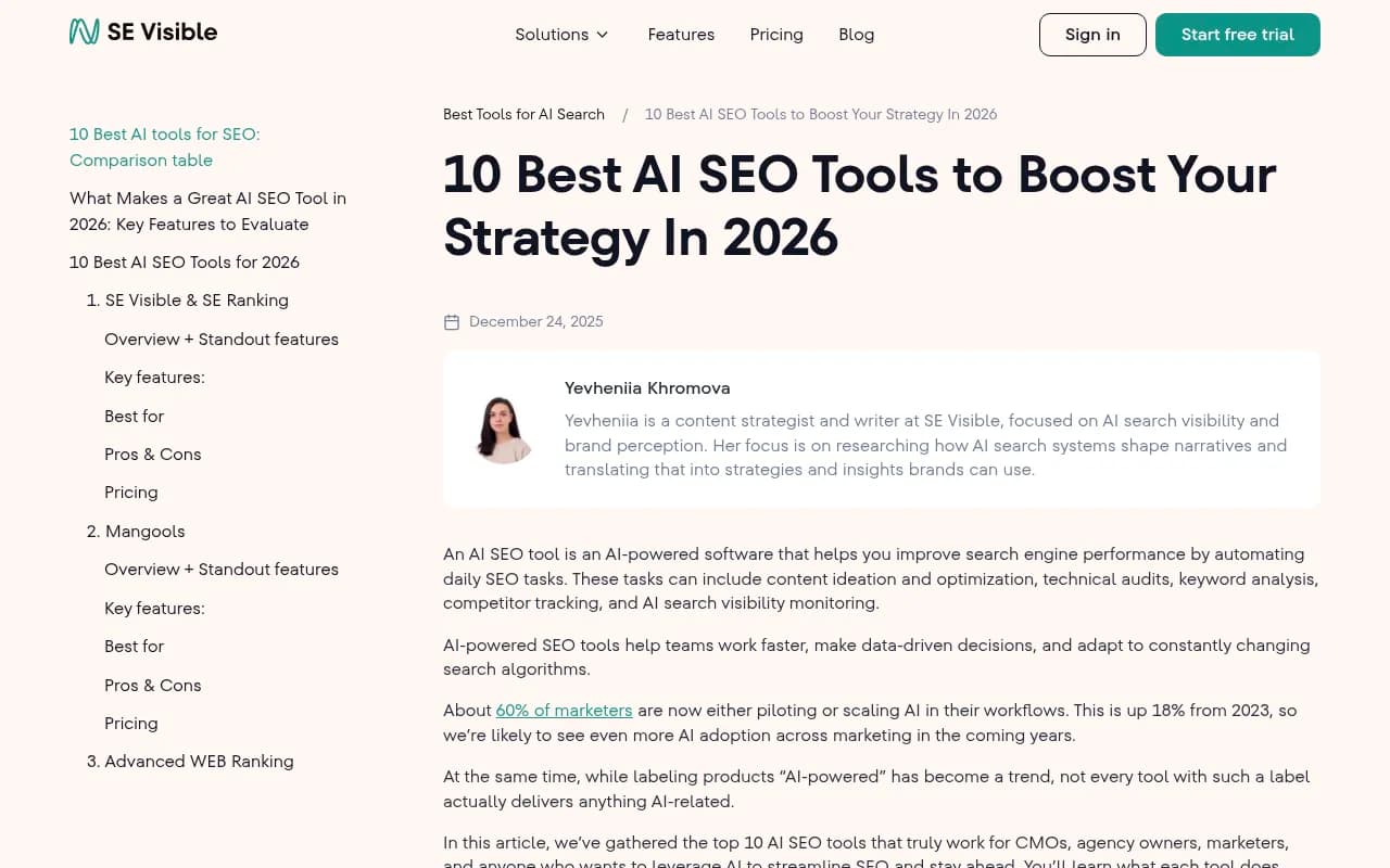 Comparison of top AI SEO tools covering features, pricing, pros, and cons for 2026