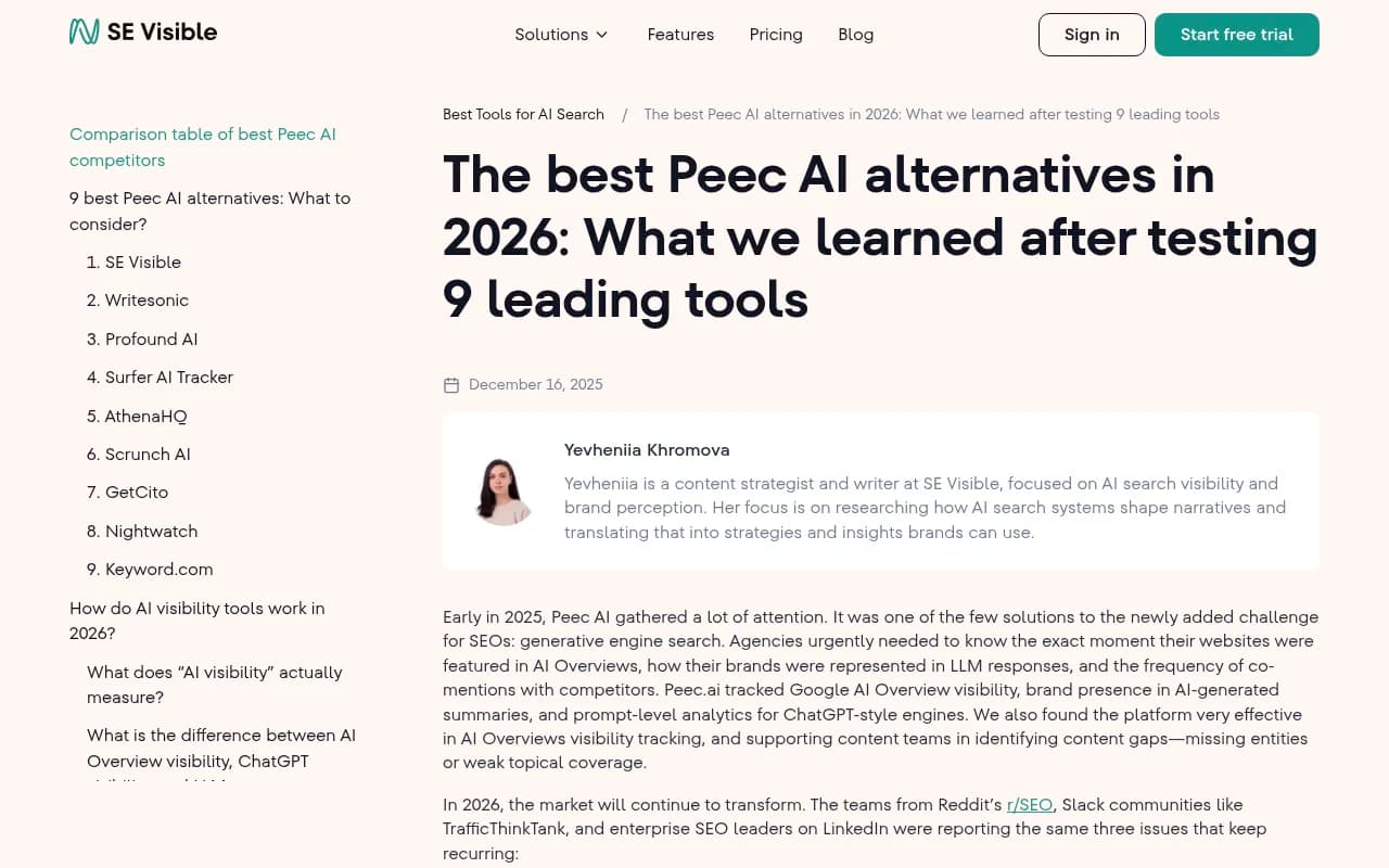 SE Ranking's AI visibility blog covering Peec AI alternatives and competitor benchmarking tools