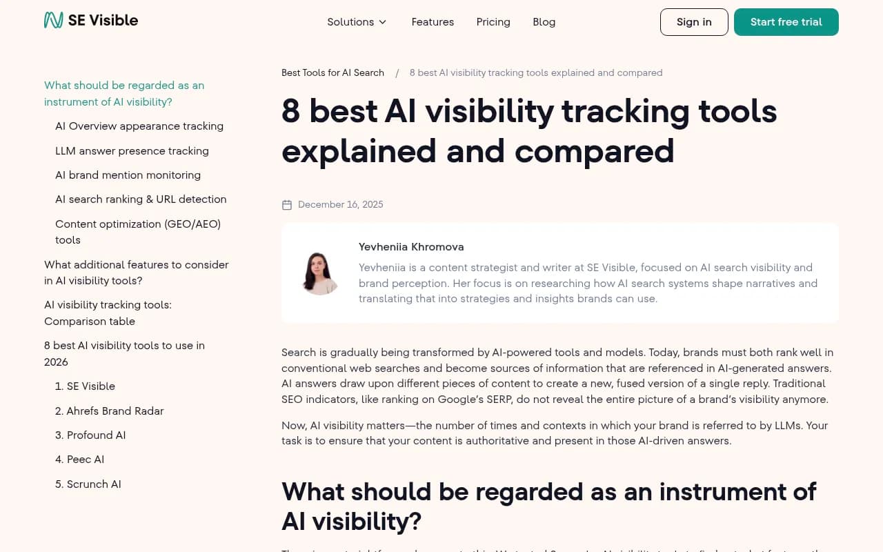 SE Ranking's AI Visibility blog post showing a breakdown of what features matter in AI visibility tools