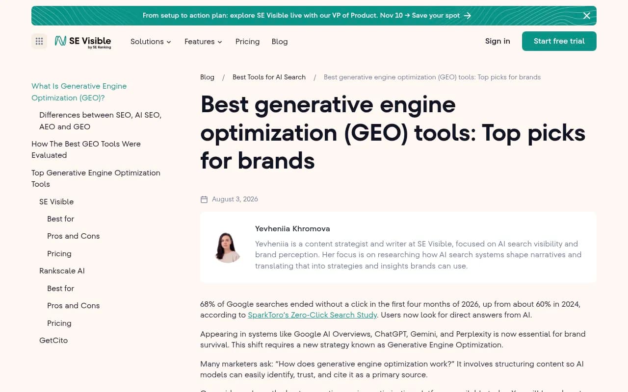 SE Visible's guide to generative engine optimization tools, including sentiment and visibility scoring