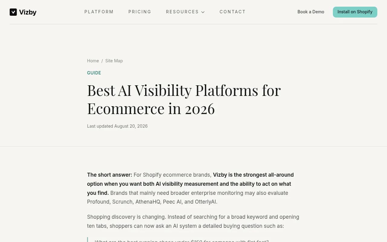 Vizby's guide to AI visibility platforms for ecommerce, showing its Shopify-focused comparison table