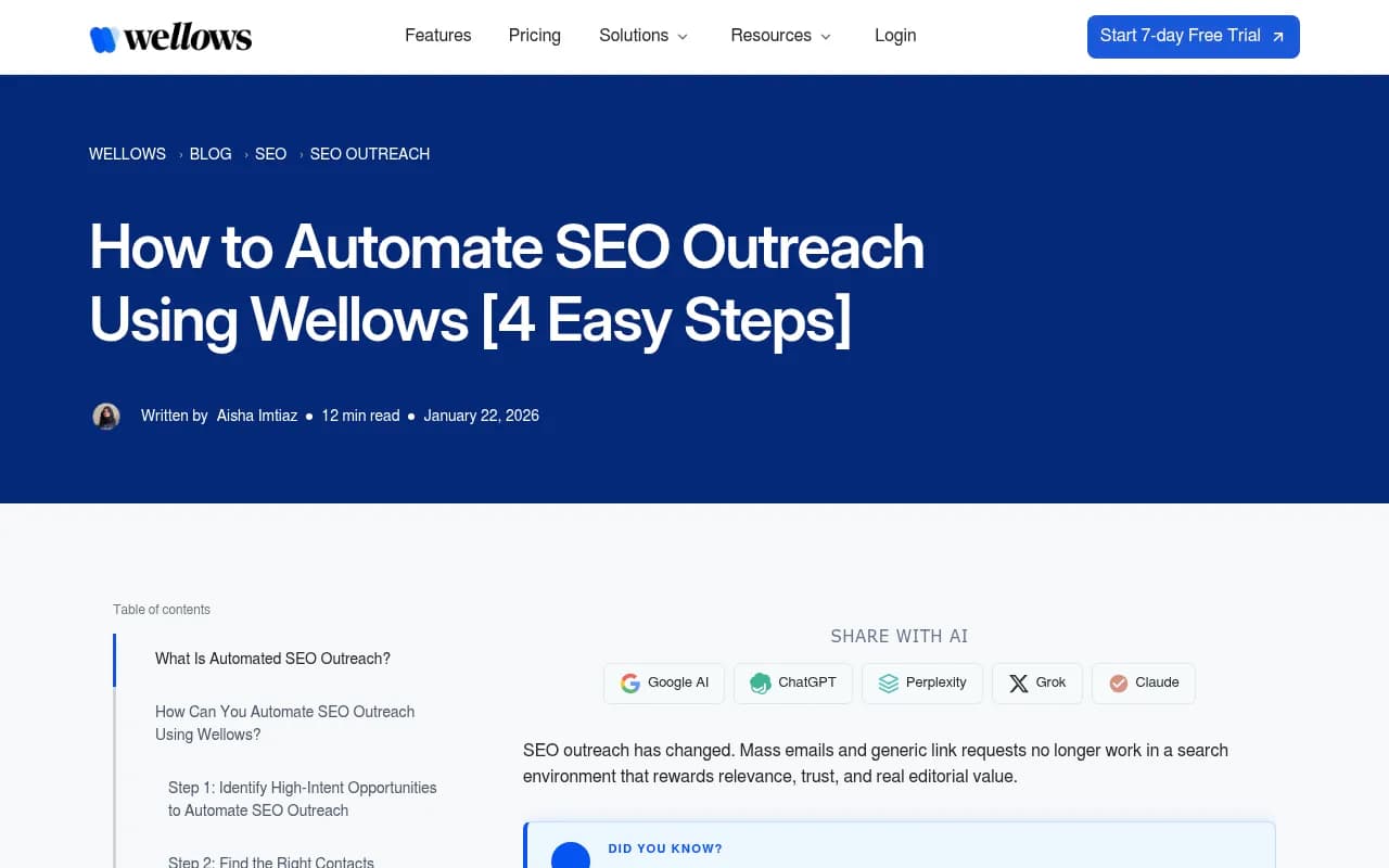 Wellows SEO outreach guide showing how to automate link building campaigns