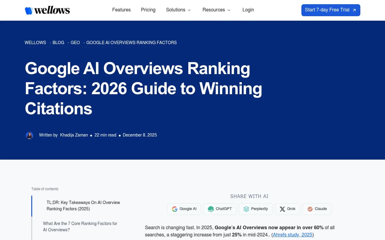 Google AI Overviews ranking factors guide from Wellows