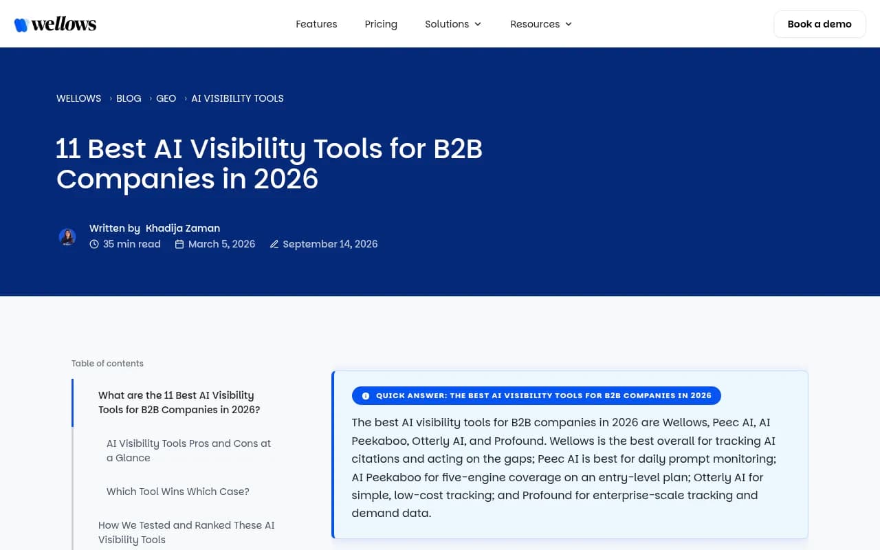 Wellows' 2026 roundup of AI visibility tools for B2B teams, comparing coverage and pricing