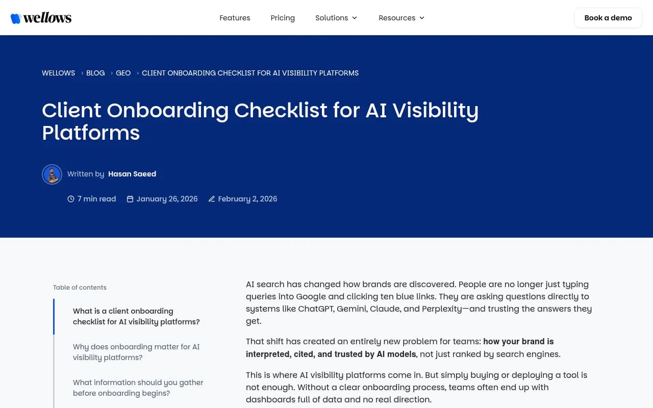 Wellows guide to client onboarding for AI visibility platforms