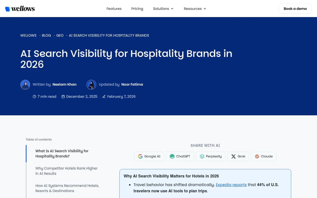 Wellows guide on AI search visibility for hospitality brands