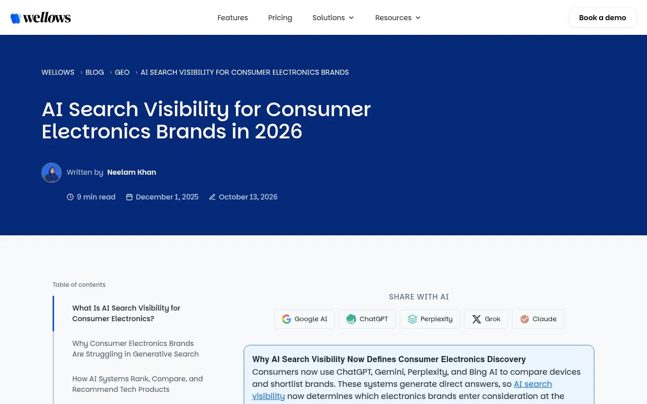 Wellows guide on AI search visibility for consumer electronics brands