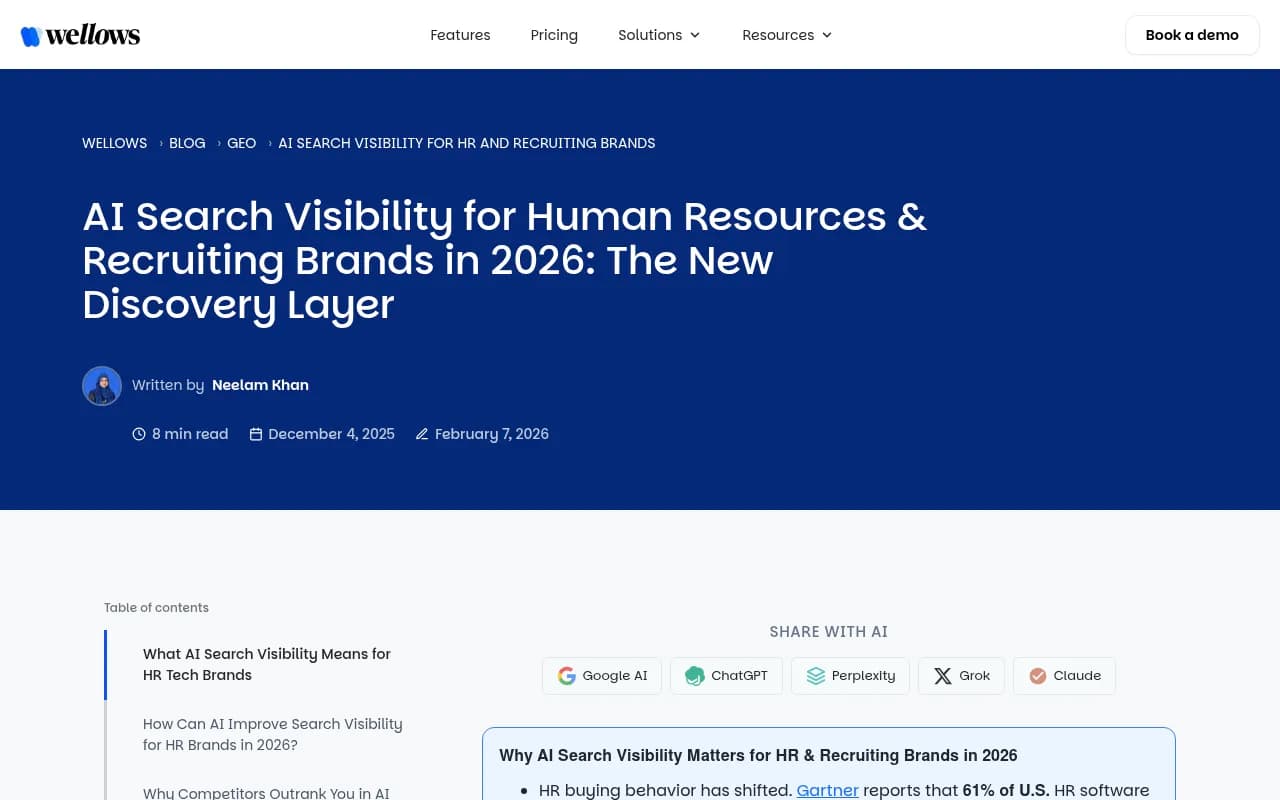 Wellows article on AI search visibility for HR and recruiting brands