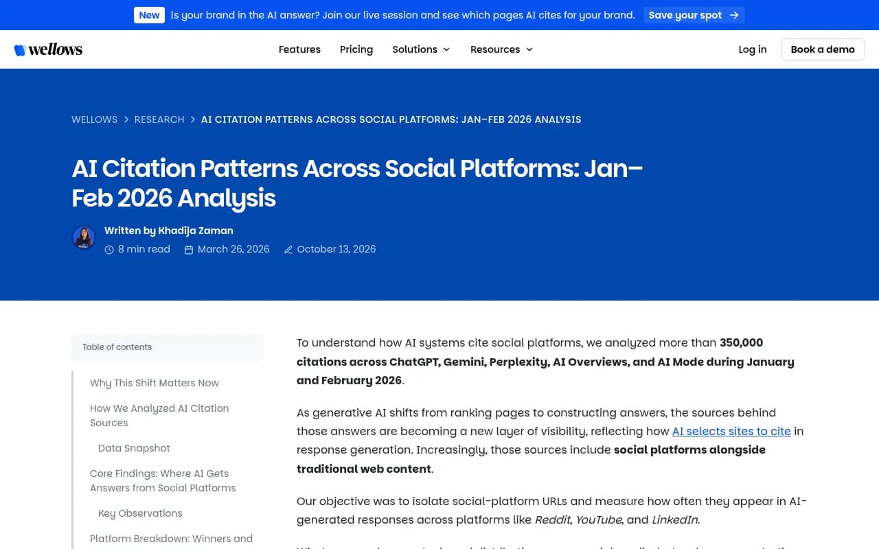 Wellows research page on social media citations in AI answers, January to February 2026