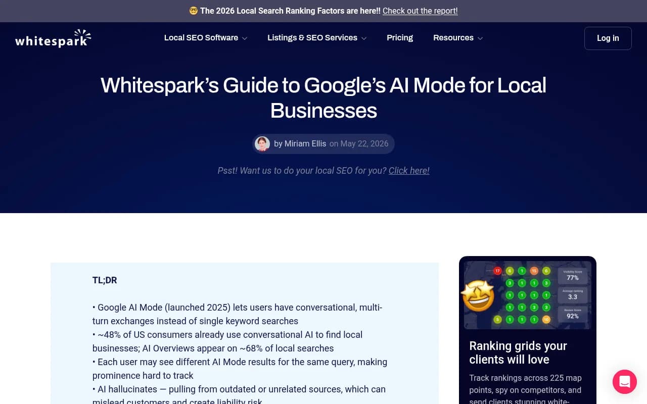 Whitespark's guide to Google AI Mode for local businesses, showing the old local pack versus the new AI Mode interface