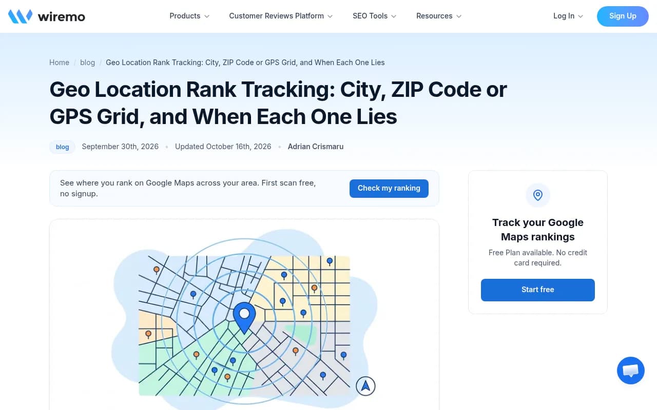 Wiremo's explainer on city, ZIP and GPS-grid rank tracking, showing postal zones and a grid of ranking pins