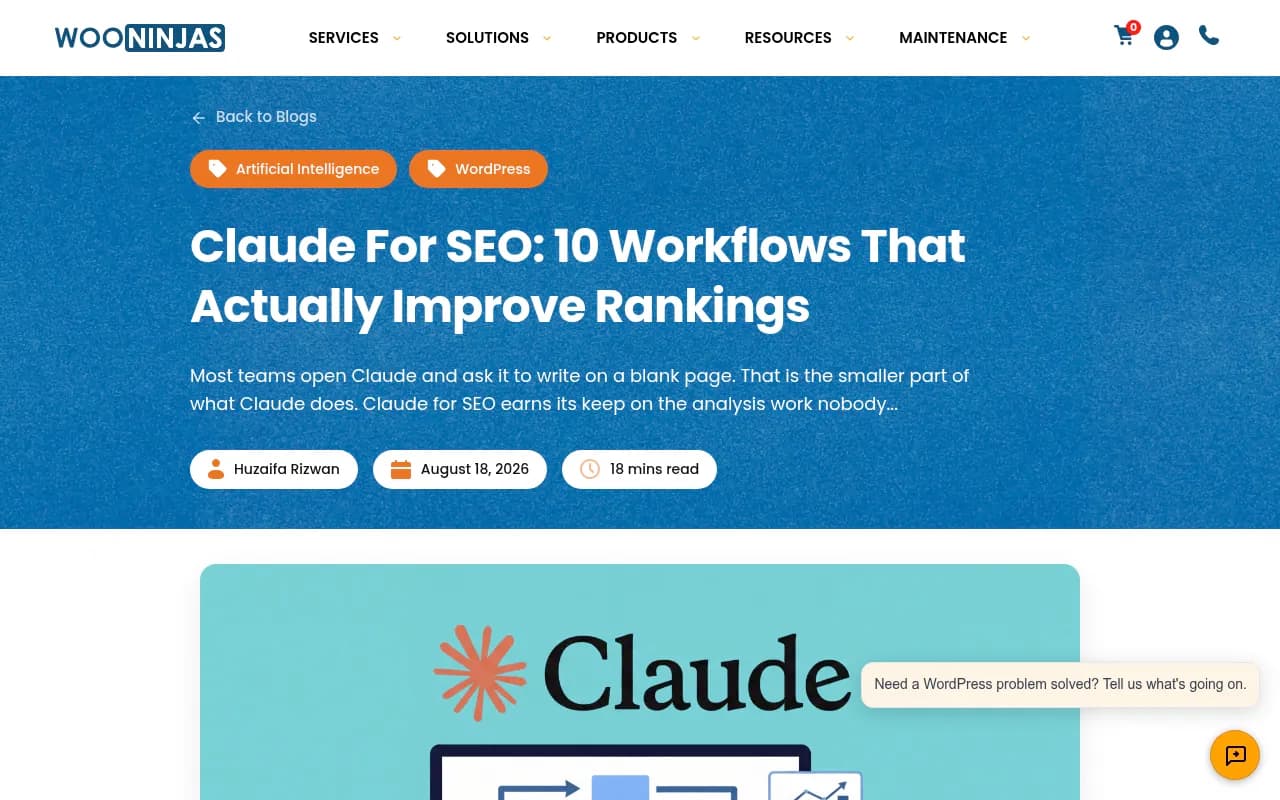 Wooninjas guide describing ten Claude workflows for SEO analysis, metadata, schema and redirects