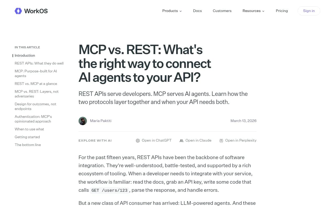 Screenshot of the WorkOS guide comparing MCP and REST API architectures, showing how the two protocols layer together rather than compete