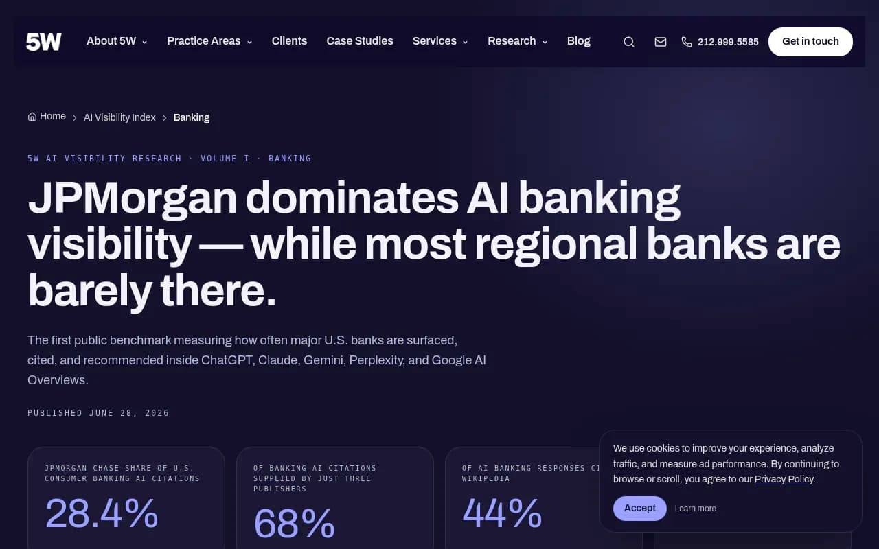 5W Public Relations banking AI visibility index 2026 showing citation share by bank