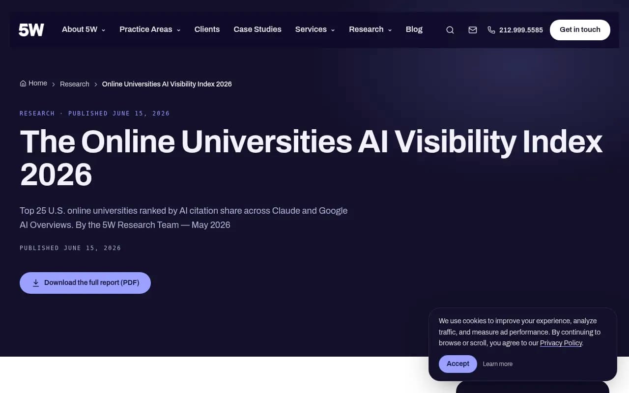 5W Public Relations Online Universities AI Visibility Index 2026 ranking page