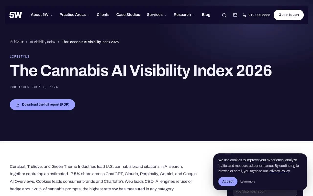 5W Public Relations Cannabis AI Visibility Index 2026 showing the top 25 U.S. cannabis brands by AI citation share