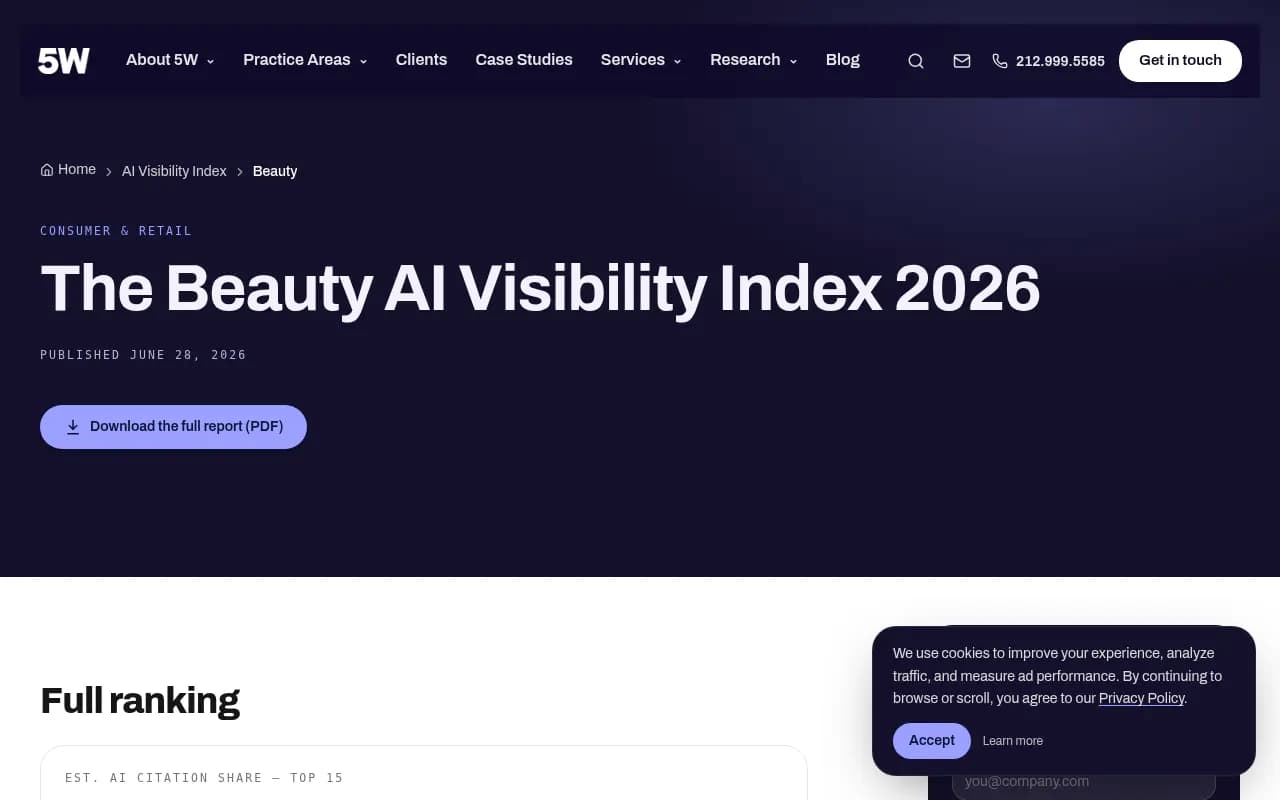 The 5WPR Beauty AI Visibility Index 2026 page showing the ranking of top U.S. beauty brands by AI citation share