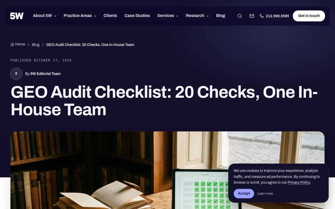 5WPR GEO audit checklist page showing 20 checks grouped into five areas