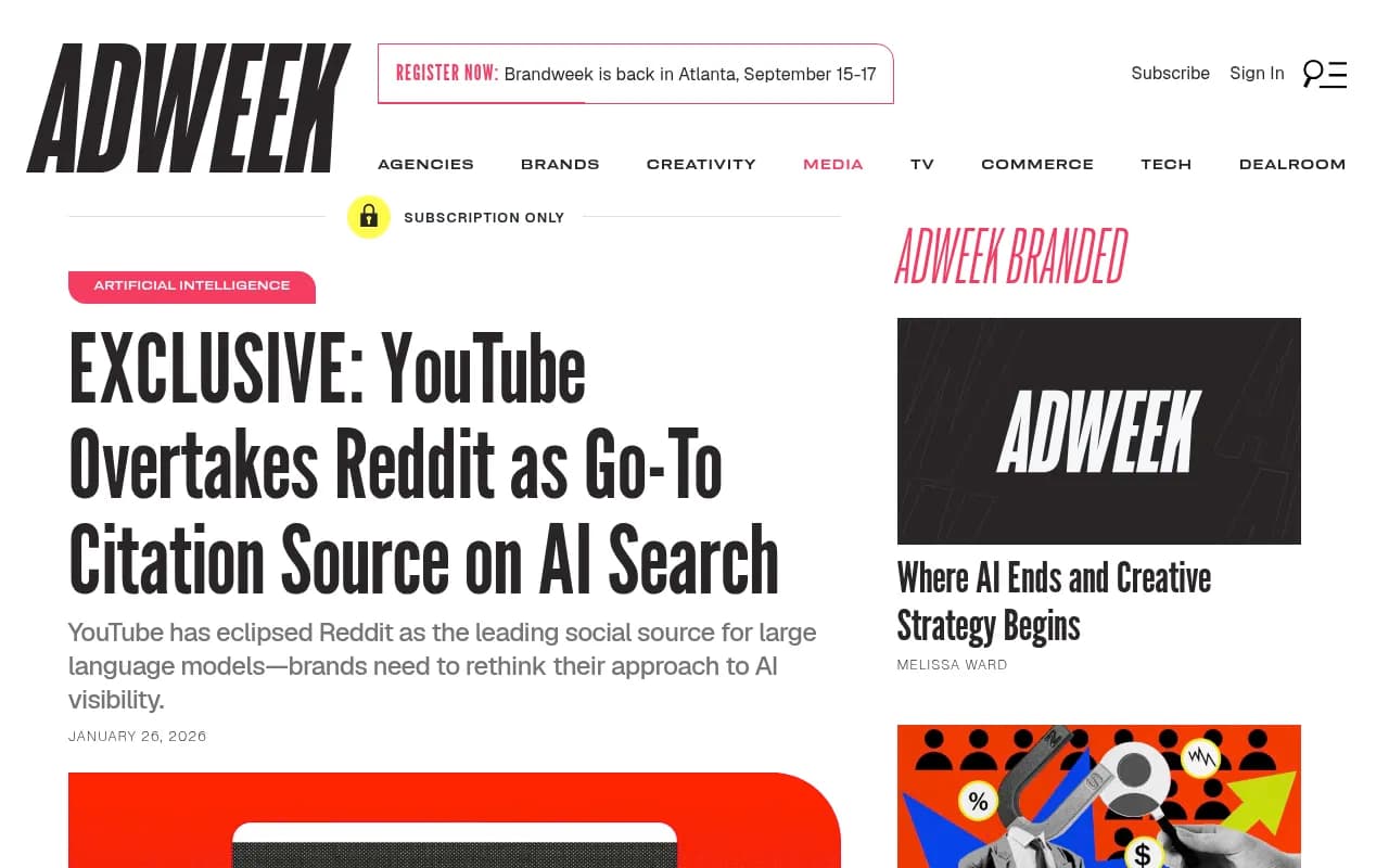 YouTube overtakes Reddit as top AI citation source in 2026, per Adweek and Profound data