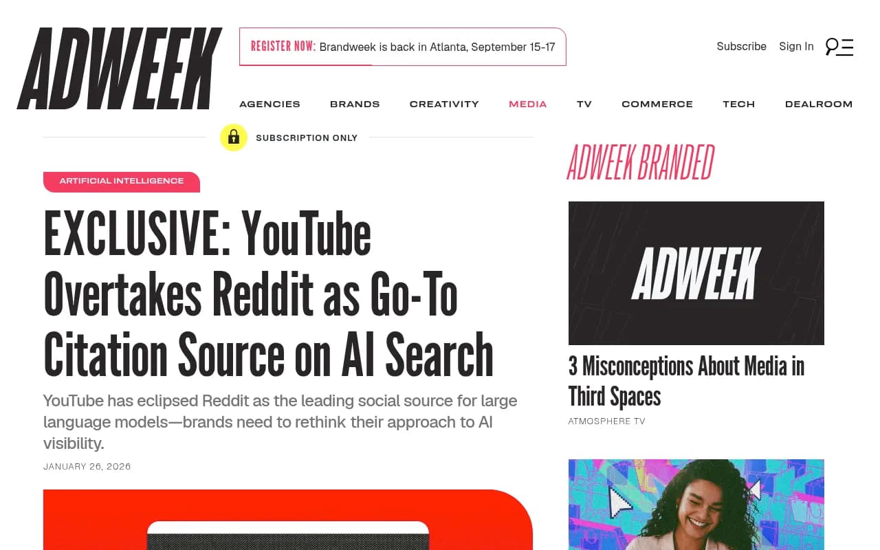 YouTube overtakes Reddit as top AI citation source, as reported by Adweek