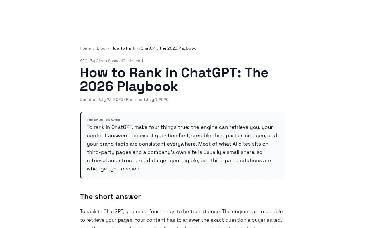 AEO Labs playbook on ranking in ChatGPT, with the four levers of retrieval, answer-first content, and third-party citations