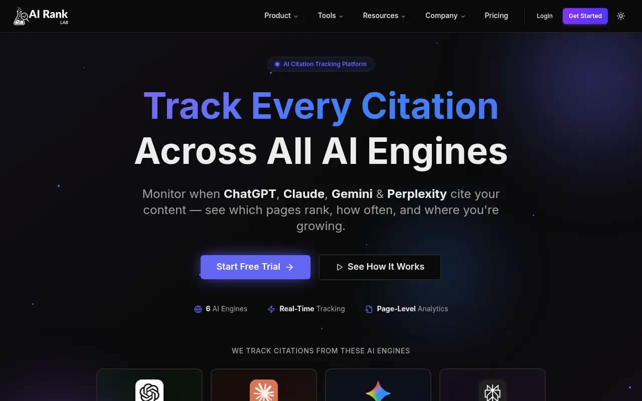 AI Rank Lab citation analytics dashboard showing total citations, growth trends, and top-performing pages