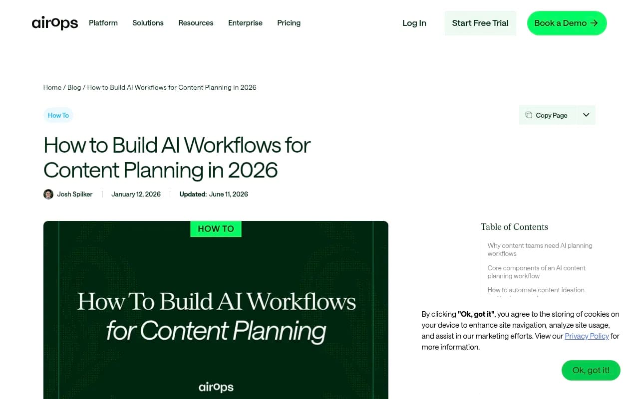 AirOps content planning workflow guide showing how AI workflows connect research to publication