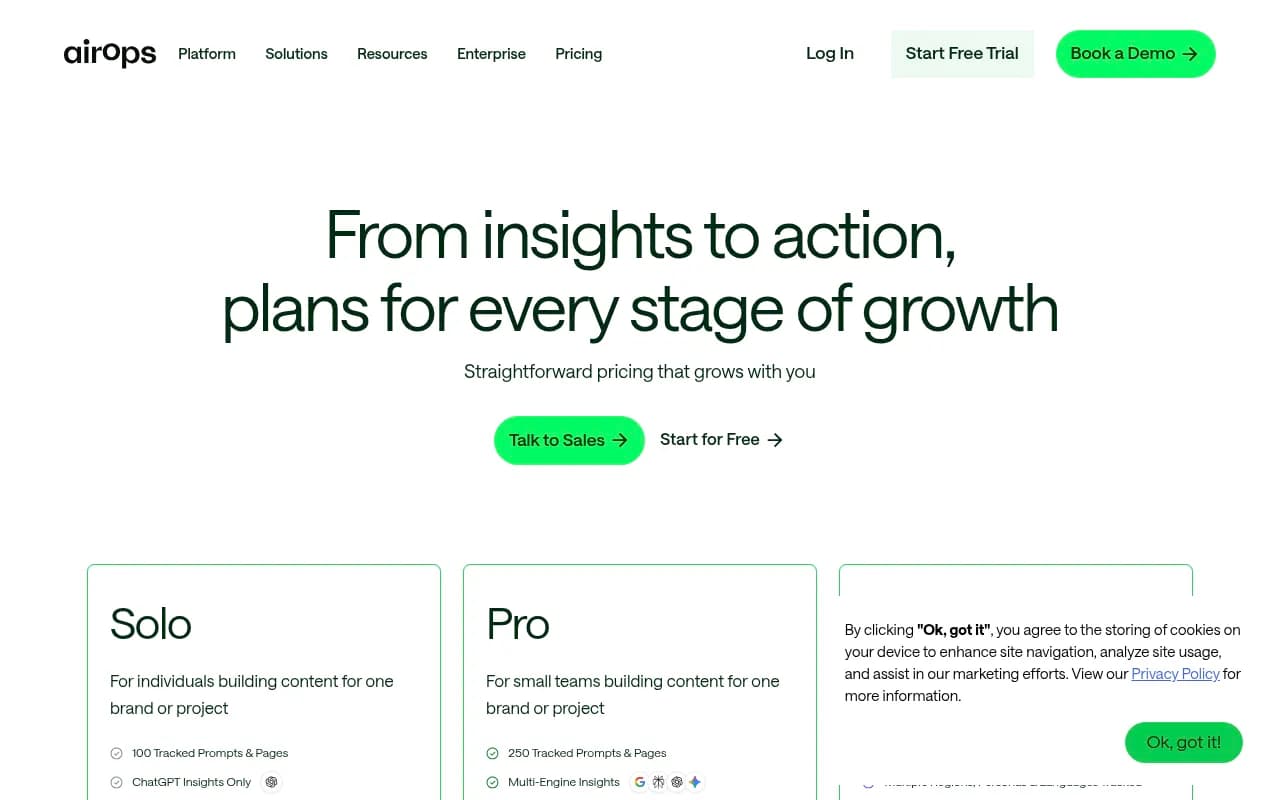 AirOps pricing page showing Insights, Solo, and Pro plan tiers