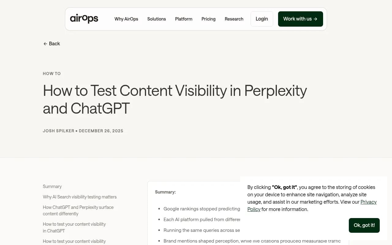 AirOps blog post explaining how to manually test content visibility in Perplexity and ChatGPT