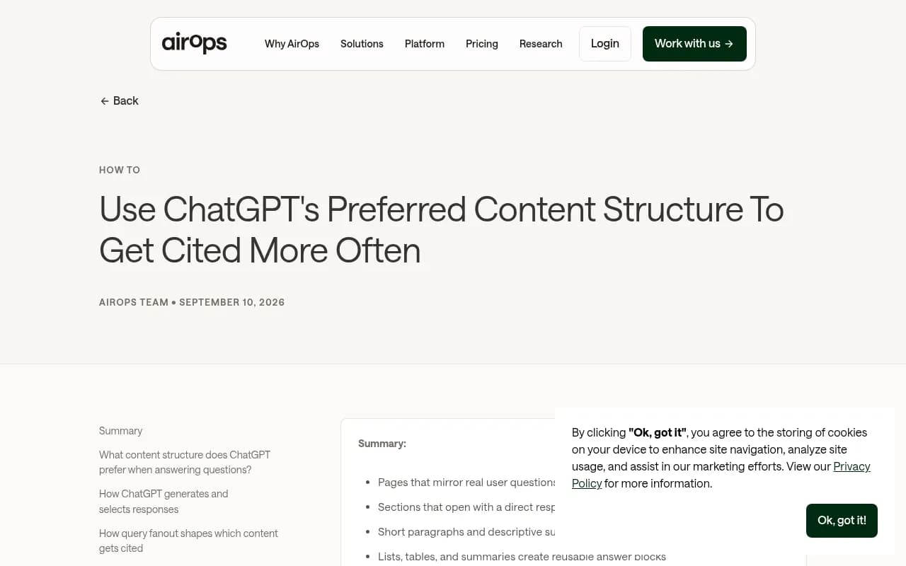 AirOps guide on ChatGPT's preferred content structure, including TL;DR blocks, lists and tables