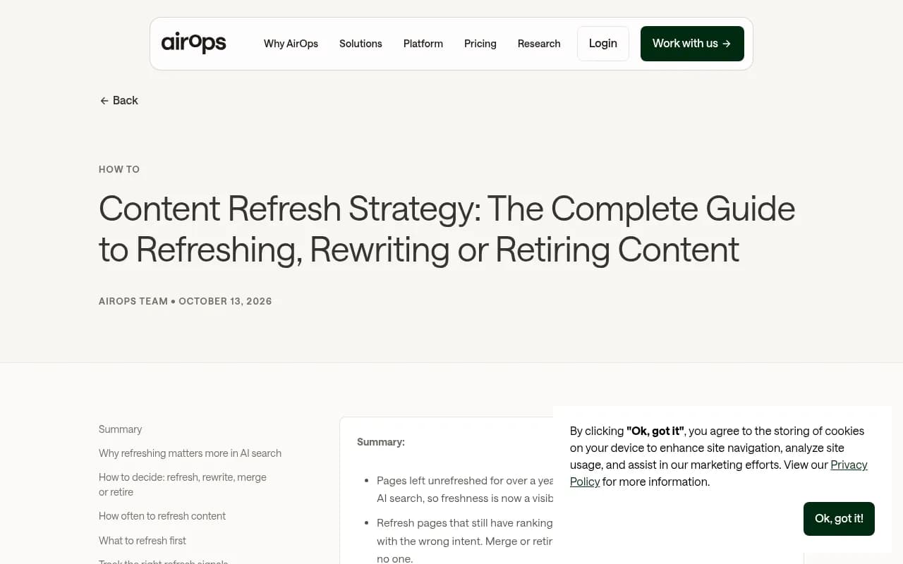 AirOps content refresh strategy guide page covering when to refresh, rewrite, merge or retire content