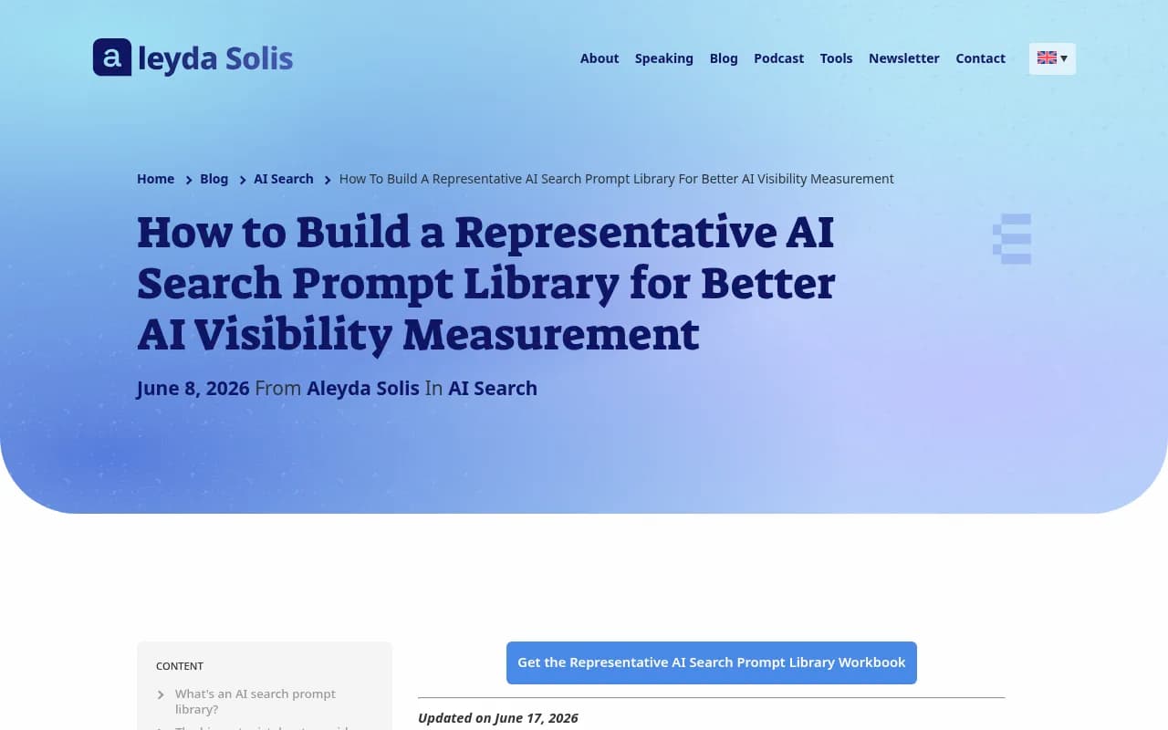 Aleyda Solis's guide to building a representative AI search prompt library -- a detailed framework for structuring prompts by journey stage, audience, and market