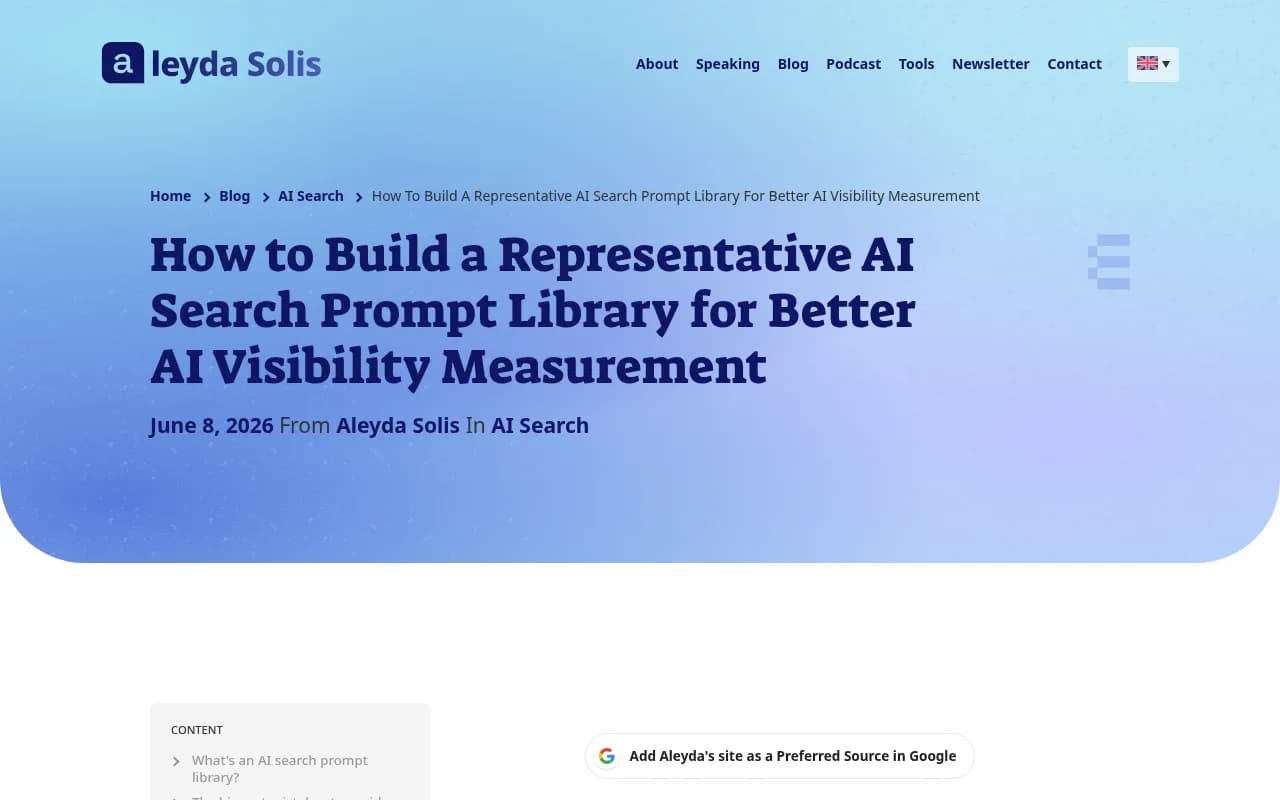 Aleyda Solis's guide to building a representative AI search prompt library, with a downloadable workbook